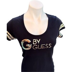 GUESS Black Sequin Logo Scoop Neck Tee